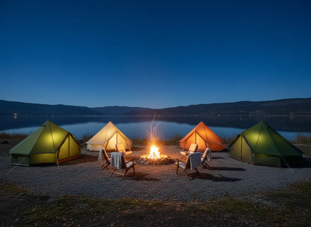 Camping tents around a bonfire