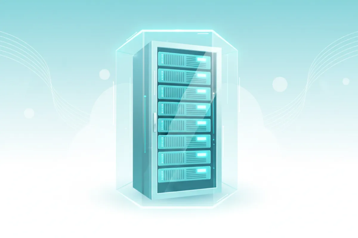 Minimal secure server rack illustration representing secure cloud data storage and professional hosting