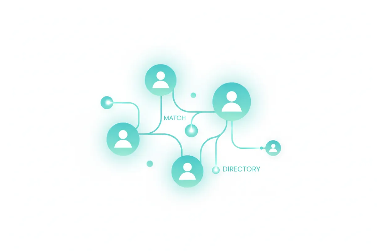 Abstract illustration of connected nodes and profiles representing directory and matching operations