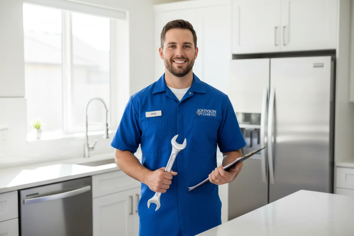 A confident, smiling plumber in a crisp blue uniform stands in a modern, sunlit kitchen, holding a wrench and a clipboard. The background features gleaming stainless steel fixtures and white cabinetry, conveying professionalism and trust. 3:2 aspect ratio.