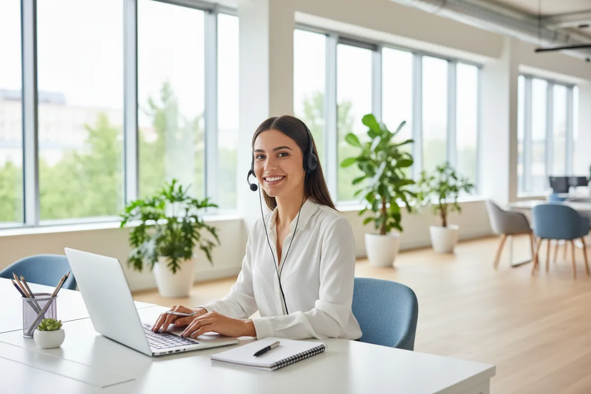A friendly customer service representative in her late 20s, wearing a headset, sits at a bright desk with a laptop and notepad. The office background is airy and modern, with green plants and large windows. 3:2 aspect ratio.