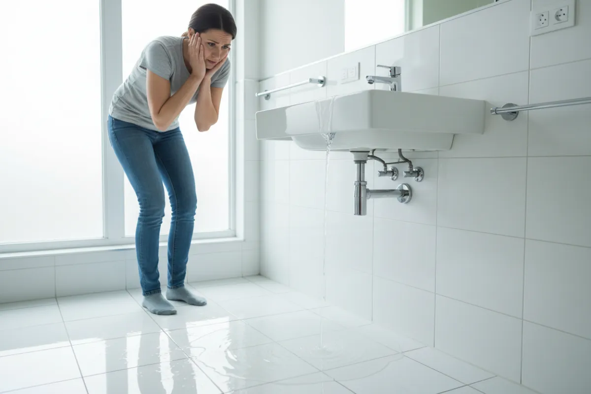 A worried woman in her 30s stands in her bathroom, looking at water pooling on the tile floor near a leaking pipe. The scene is bright, with white tiles and chrome fixtures, emphasizing urgency and concern. 3:2 aspect ratio.