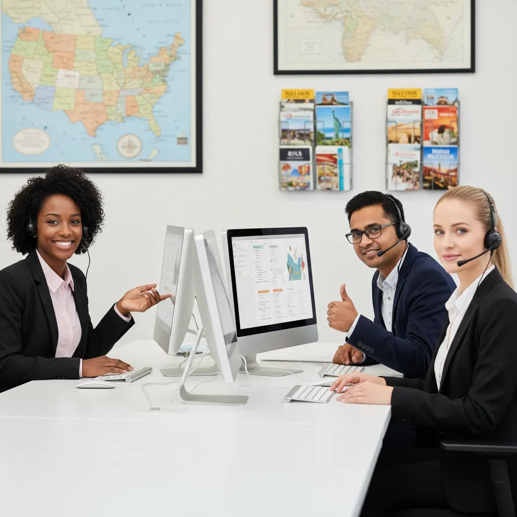 A diverse group of three US-based travel agents, two women and one man, sitting at a bright office desk with headsets, smiling and ready to assist, with US maps and travel brochures in the background.