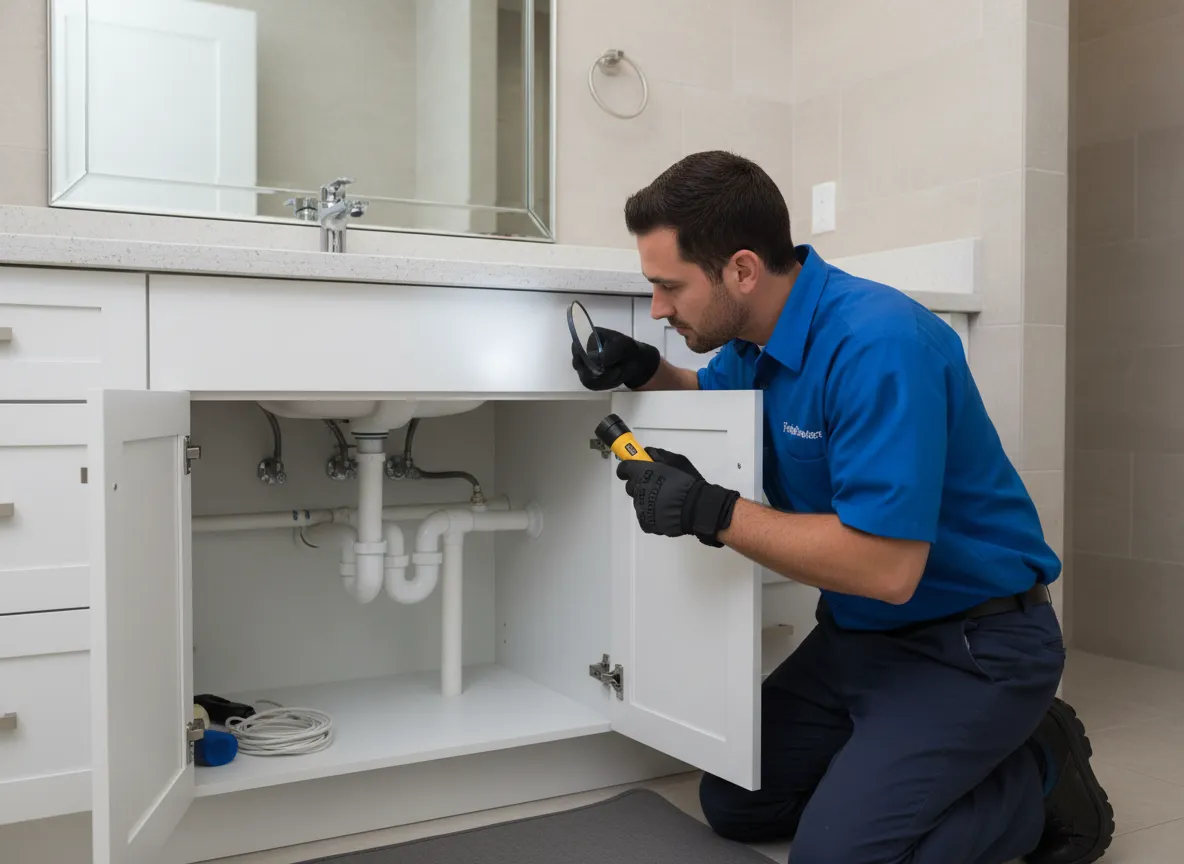 Florida plumber inspecting pipes beneath a bathroom sink