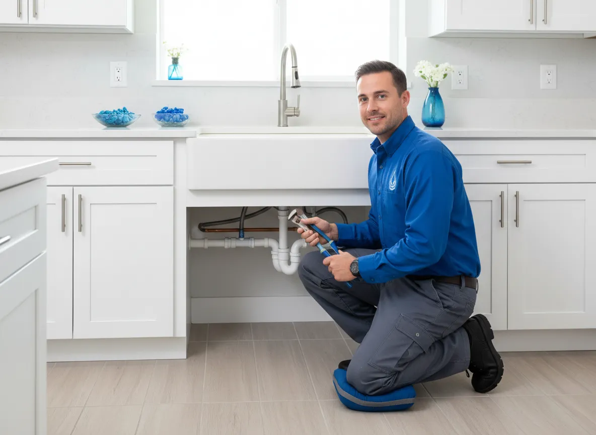 Plumber fixing a kitchen sink in a Florida home