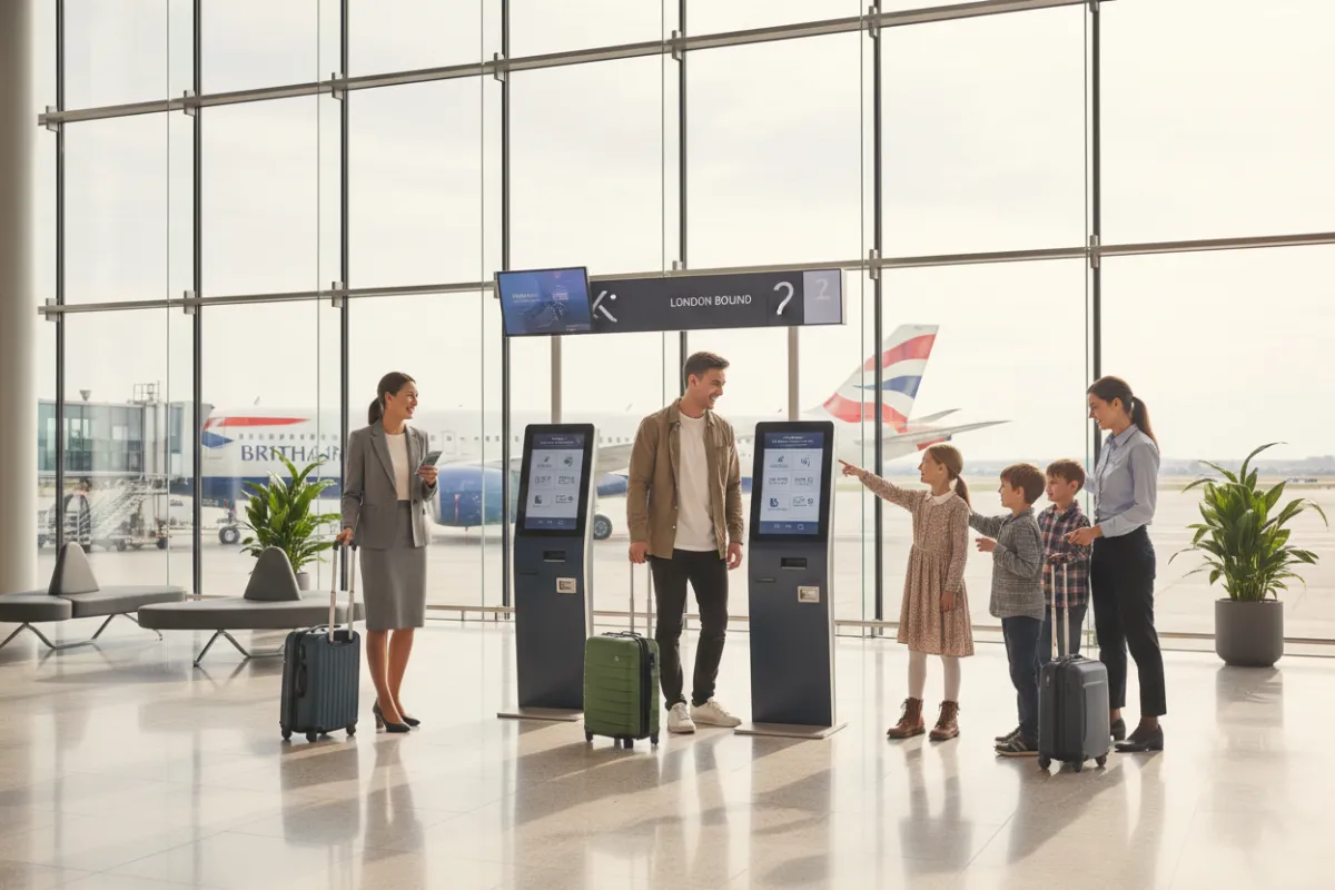 A diverse group of travelers, including a young couple, a businesswoman, and a family with children, happily checking in at a modern airport terminal with digital kiosks and large windows showing a London-bound plane. The scene is bright and welcoming.