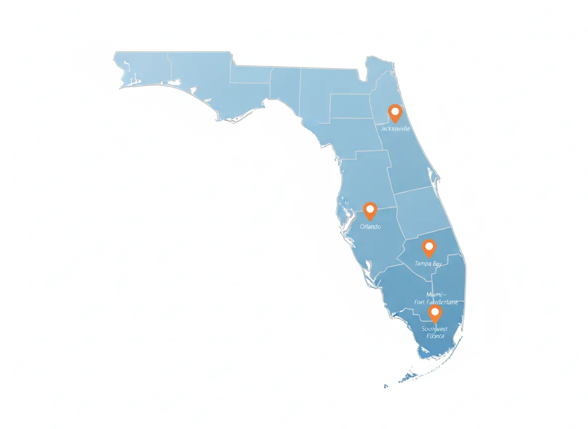 Map of Florida highlighting major service areas for FloridaPlumbers