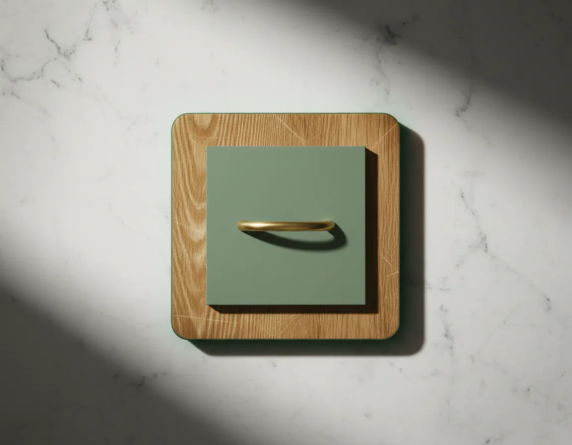 Tactile material swatch card showing a dark wood before and sage green refaced cabinet after