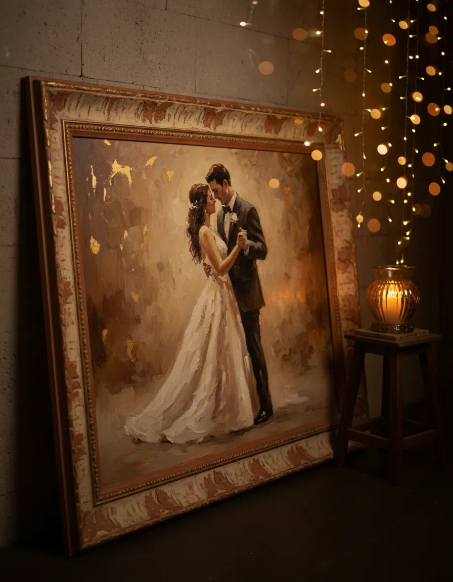 Live wedding painting of a couple's first dance under fairy lights