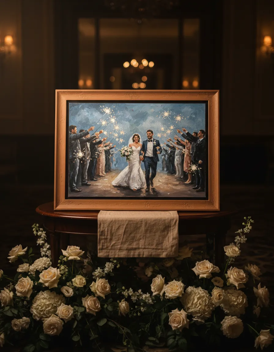 Live wedding painting of a grand ballroom reception