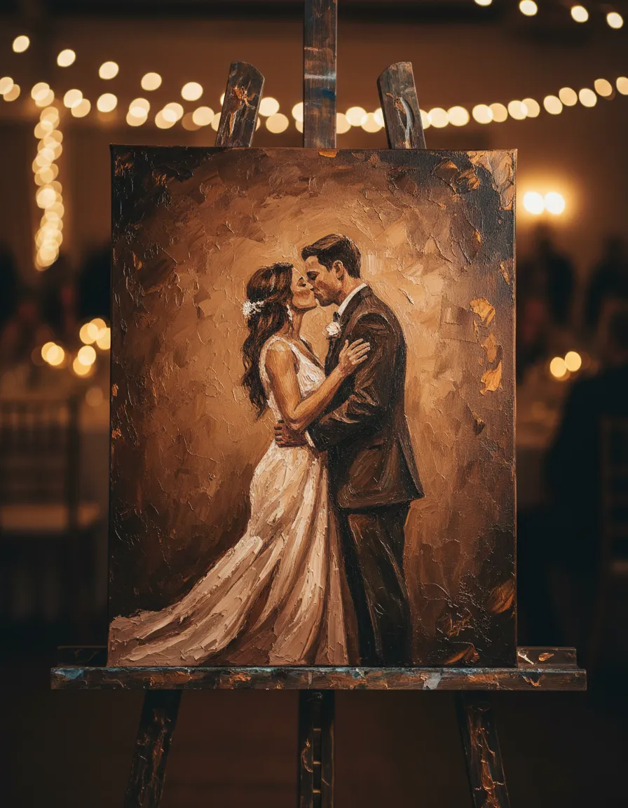 Live wedding painting of the ceremony kiss at a vineyard