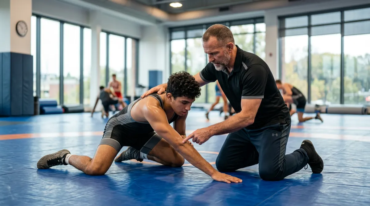 Expert head coach demonstrating biomechanics and giving hands-on guidance on the mat