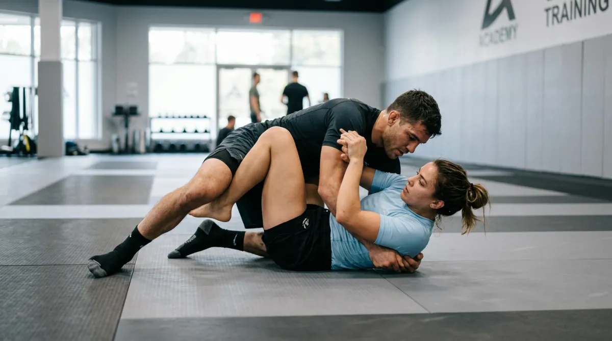 Two athletes practicing disciplined partner technique drilling and positional control