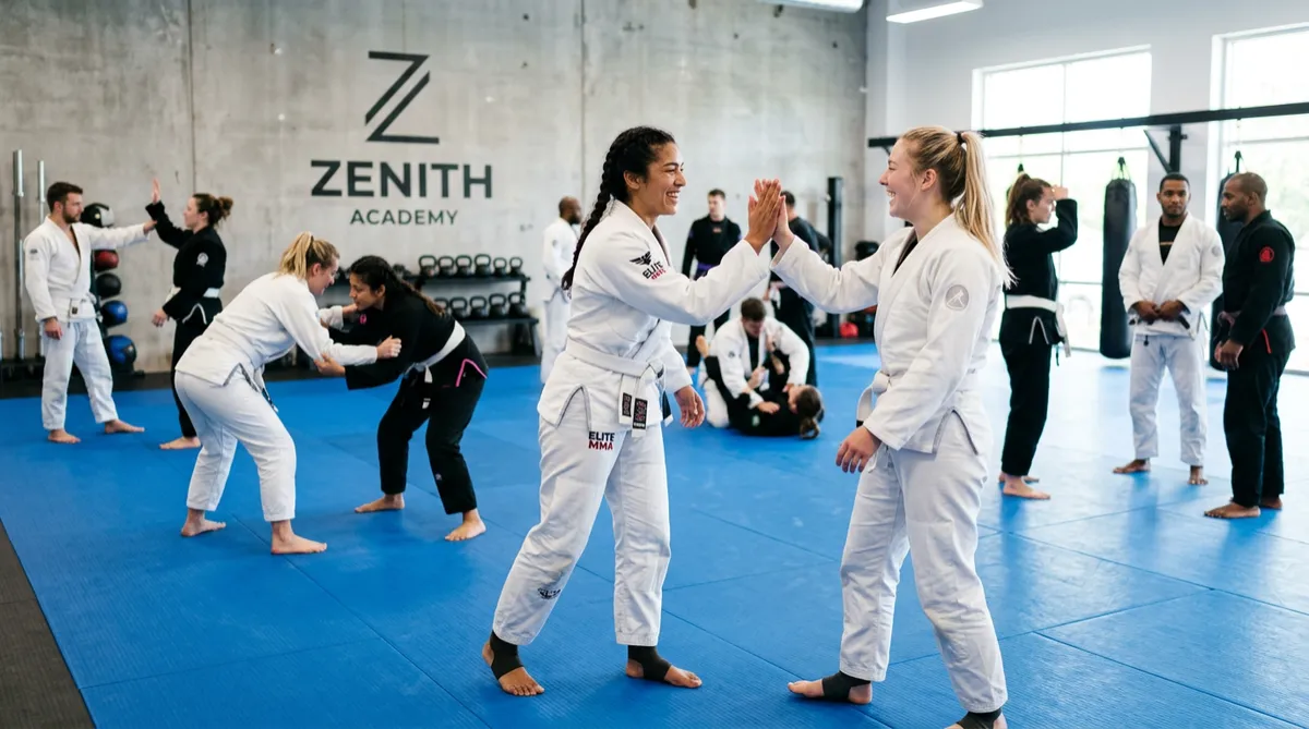 Supportive martial arts training atmosphere with smiling teammates giving high fives on mat