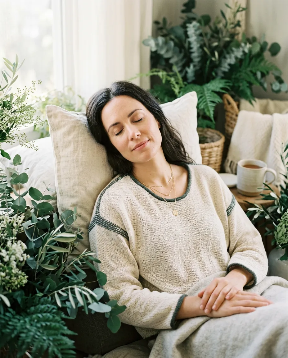 Serene woman peacefully relaxing in soft natural morning light surrounded by greenery