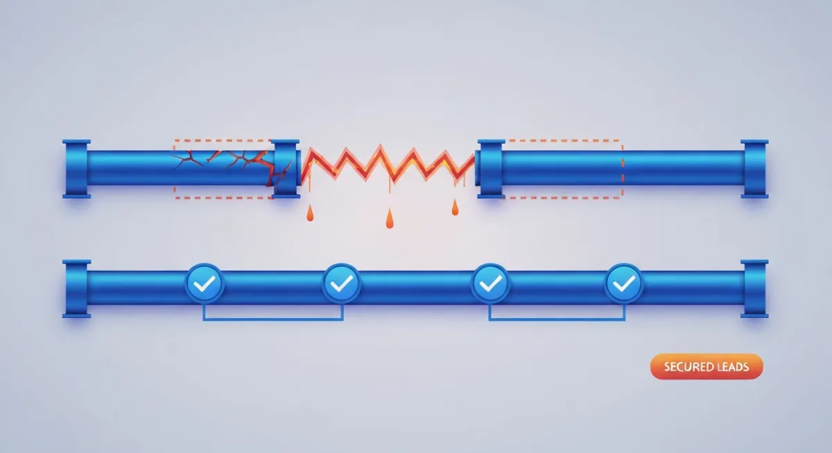 Two parallel horizontal lines representing a pipeline. The top line has leaks with dashed red gaps. The bottom line is solid electric blue with checkmark nodes.