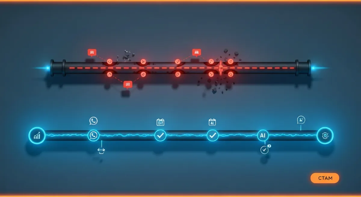 Two parallel horizontal lines representing a pipeline. The top line has leaks with dashed red gaps. The bottom line is solid electric blue with checkmark nodes.