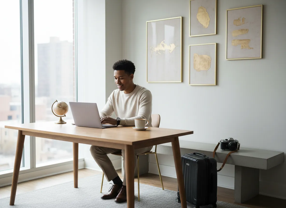 Young professional working remotely on a laptop in a modern space
