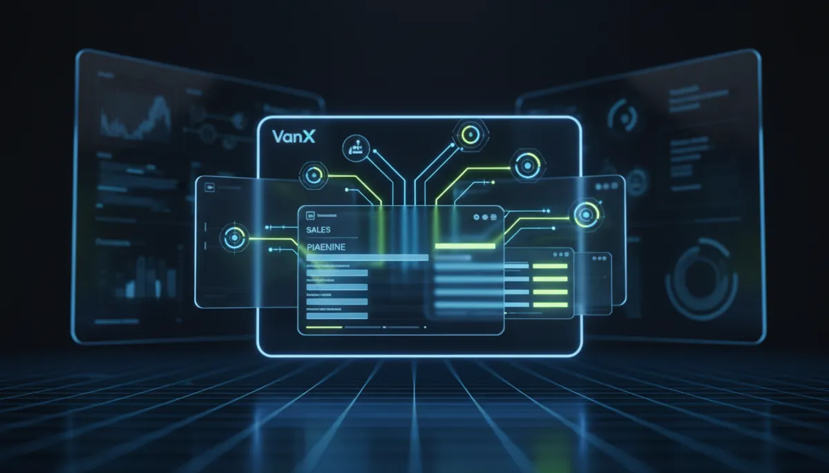 Cinematic depth-of-field 3D render of VanX Funnels CRM and automation workflow UI command center