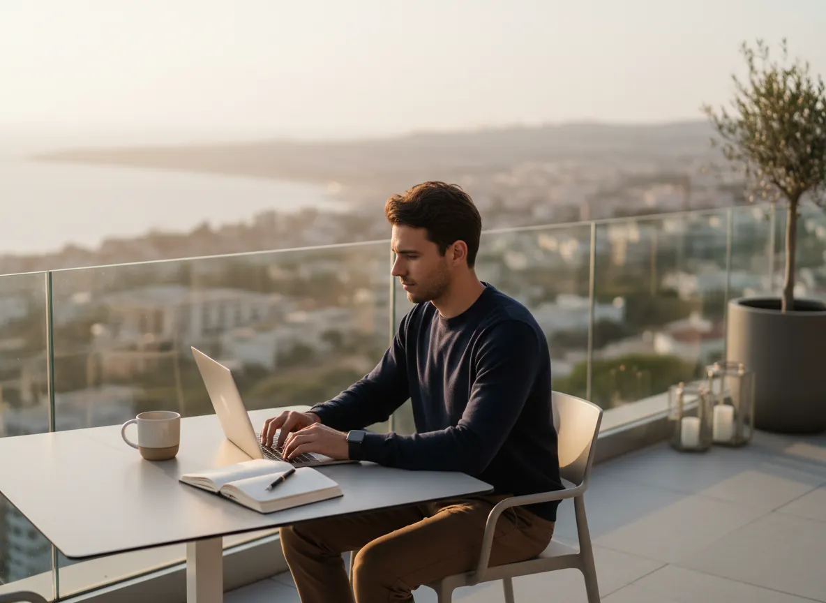 Digital nomad working remotely on a laptop with a scenic view