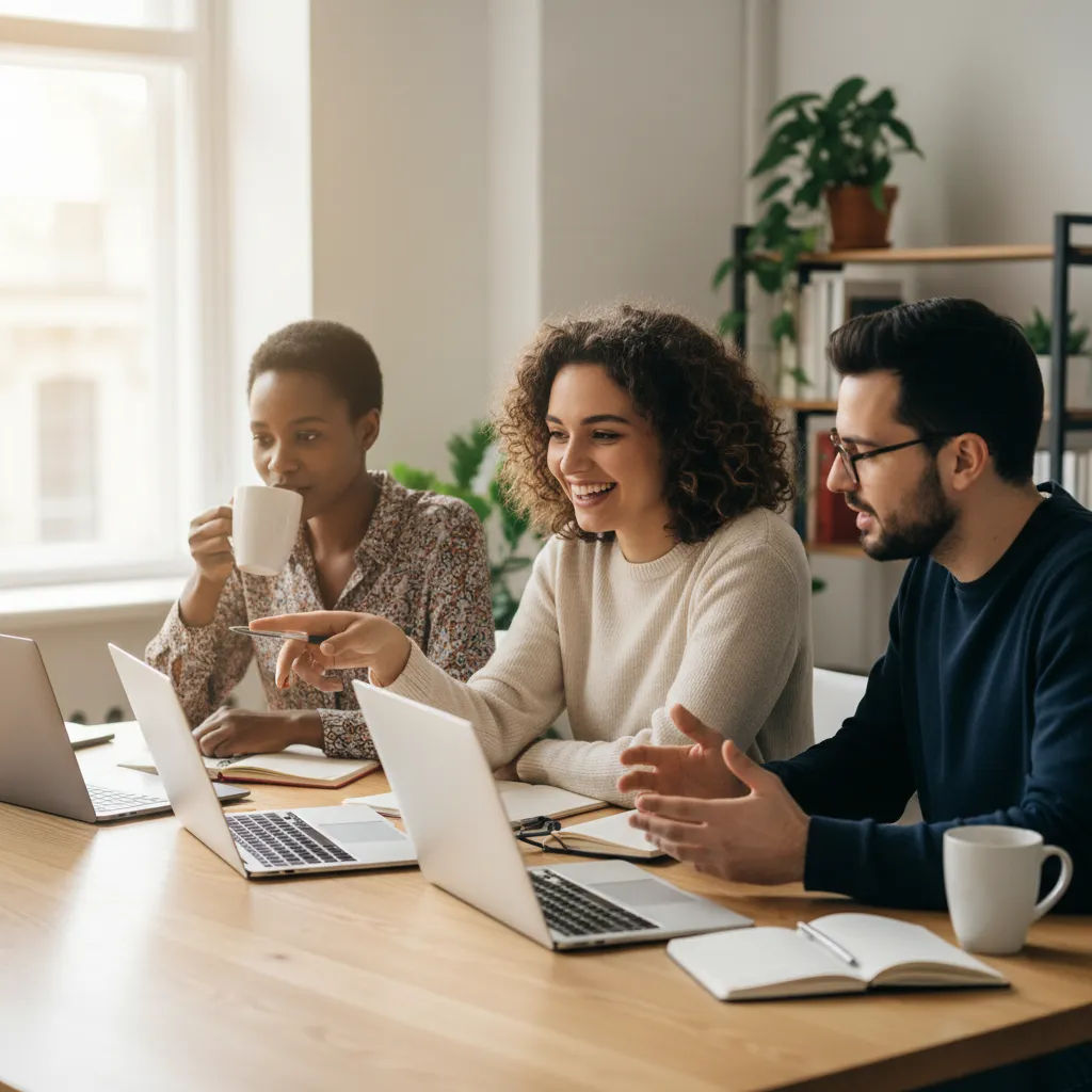 A friendly support team of three alumni, two women and one man, seated at a bright office desk with laptops and notepads, collaborative atmosphere, diverse ethnicities, 1:1 aspect ratio.