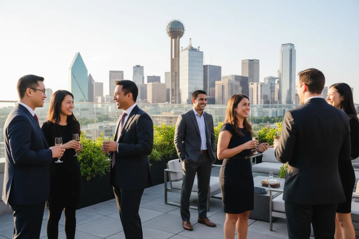 A diverse group of MBA alumni in business attire, smiling and conversing at a modern Dallas rooftop venue with city skyline in the background, natural daylight, professional yet relaxed atmosphere, 3:2 aspect ratio.