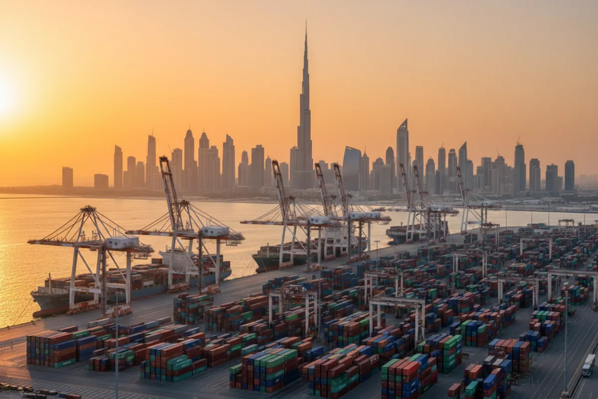 Panoramic Dubai skyline at golden hour with container port in foreground, modern cranes visible, warm light and clean composition to convey global trade and scale.