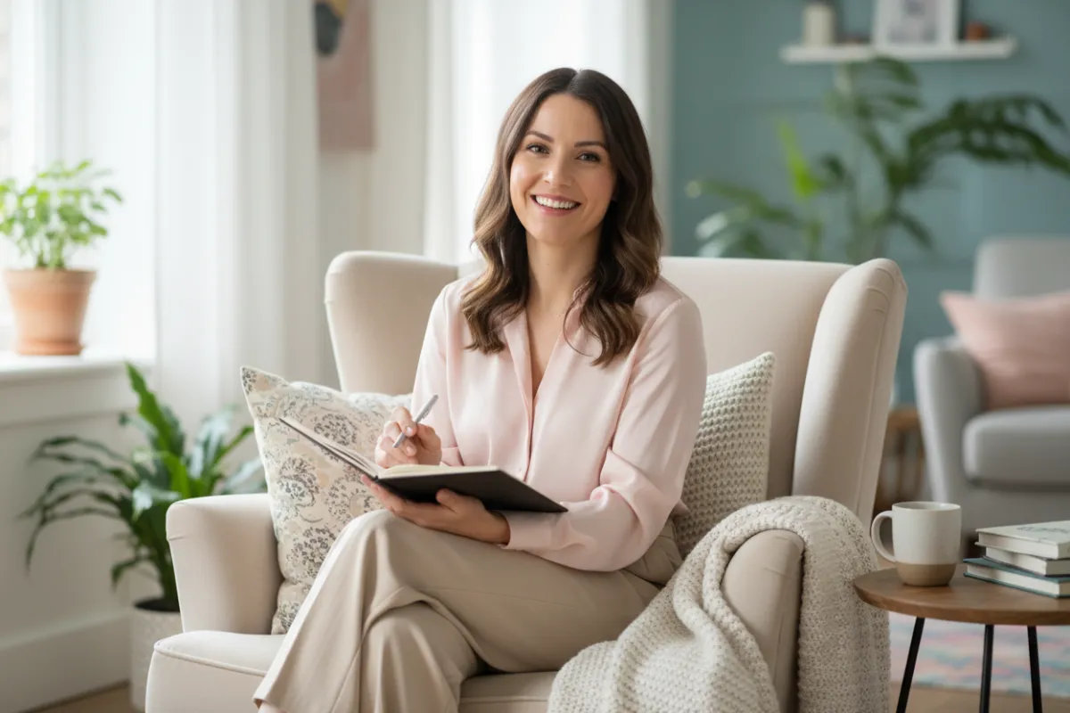 Fundadora sonriente sentada en un sillón elegante, con cuaderno en mano, rodeada de luz natural, ambiente acogedor, estilo lifestyle, fondo suave