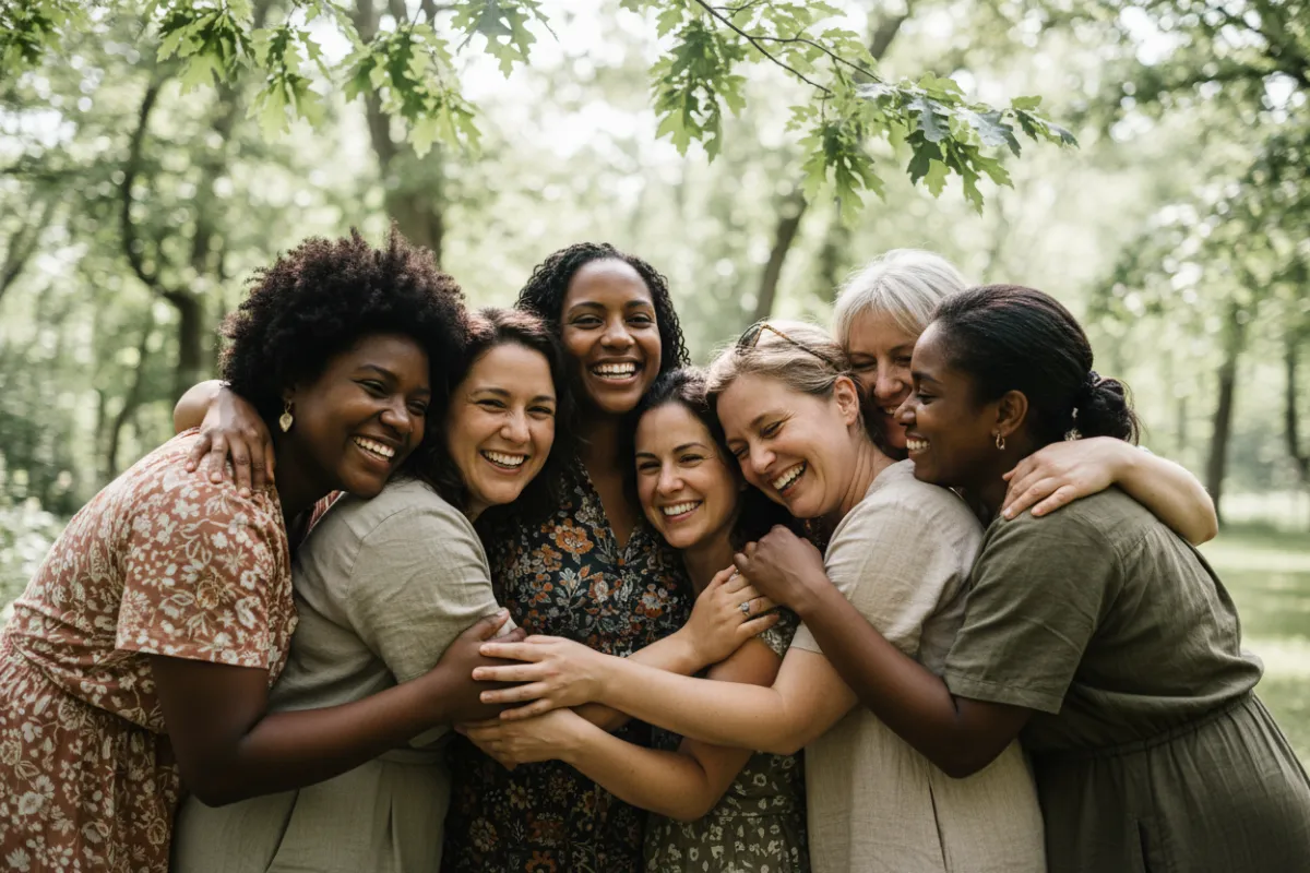 Grupo de mujeres diversas abrazándose y sonriendo en un entorno natural, luz suave, energía de hermandad, fondo verde difuminado, estilo documental