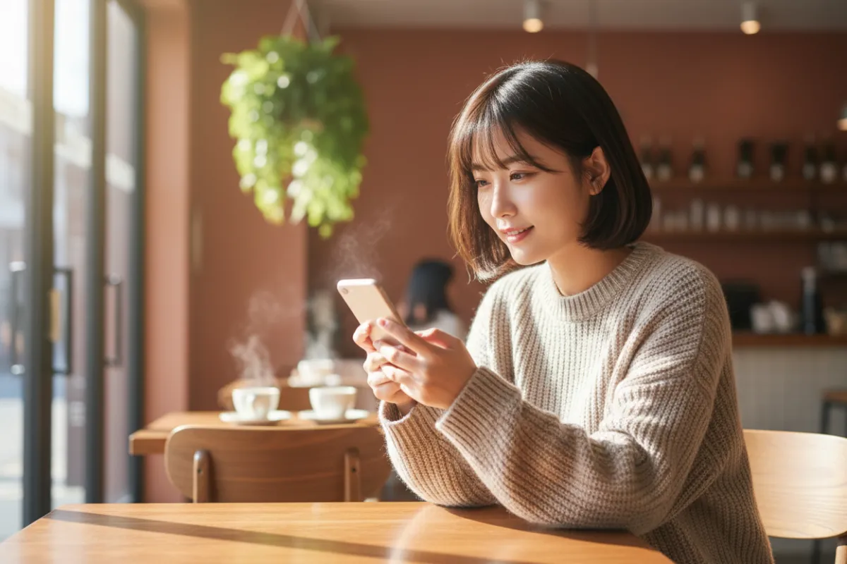 Mujer joven usando su teléfono móvil, sentada en un café luminoso, expresión amigable y atenta, fondo desenfocado, tonos cálidos, estilo moderno