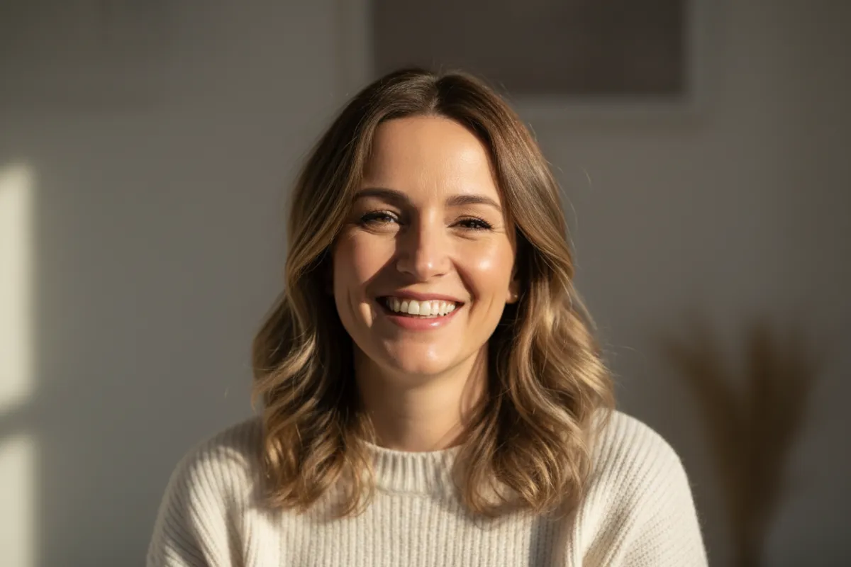 Portrait of Lucía, happy woman in her mid-30s, natural smile, warm natural light, neutral soft background