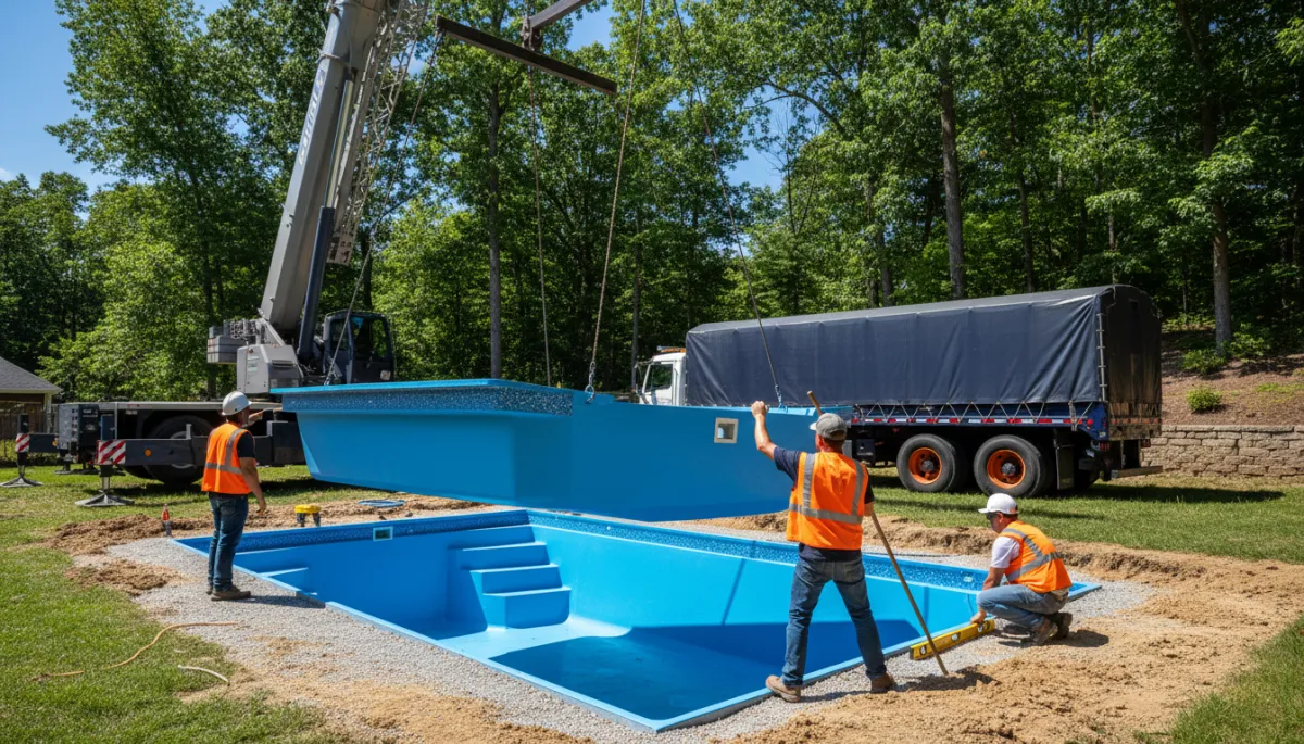Fiberglass pool shell installation via crane in Knoxville TN