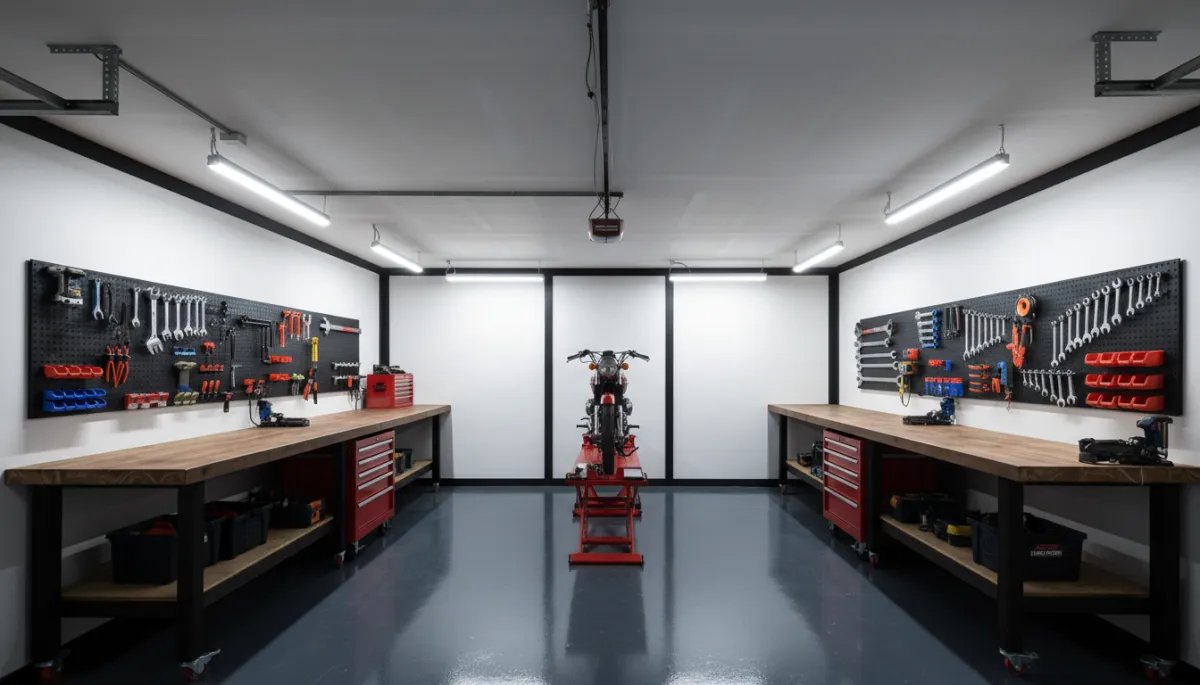 Workshop-style garage with finished interior