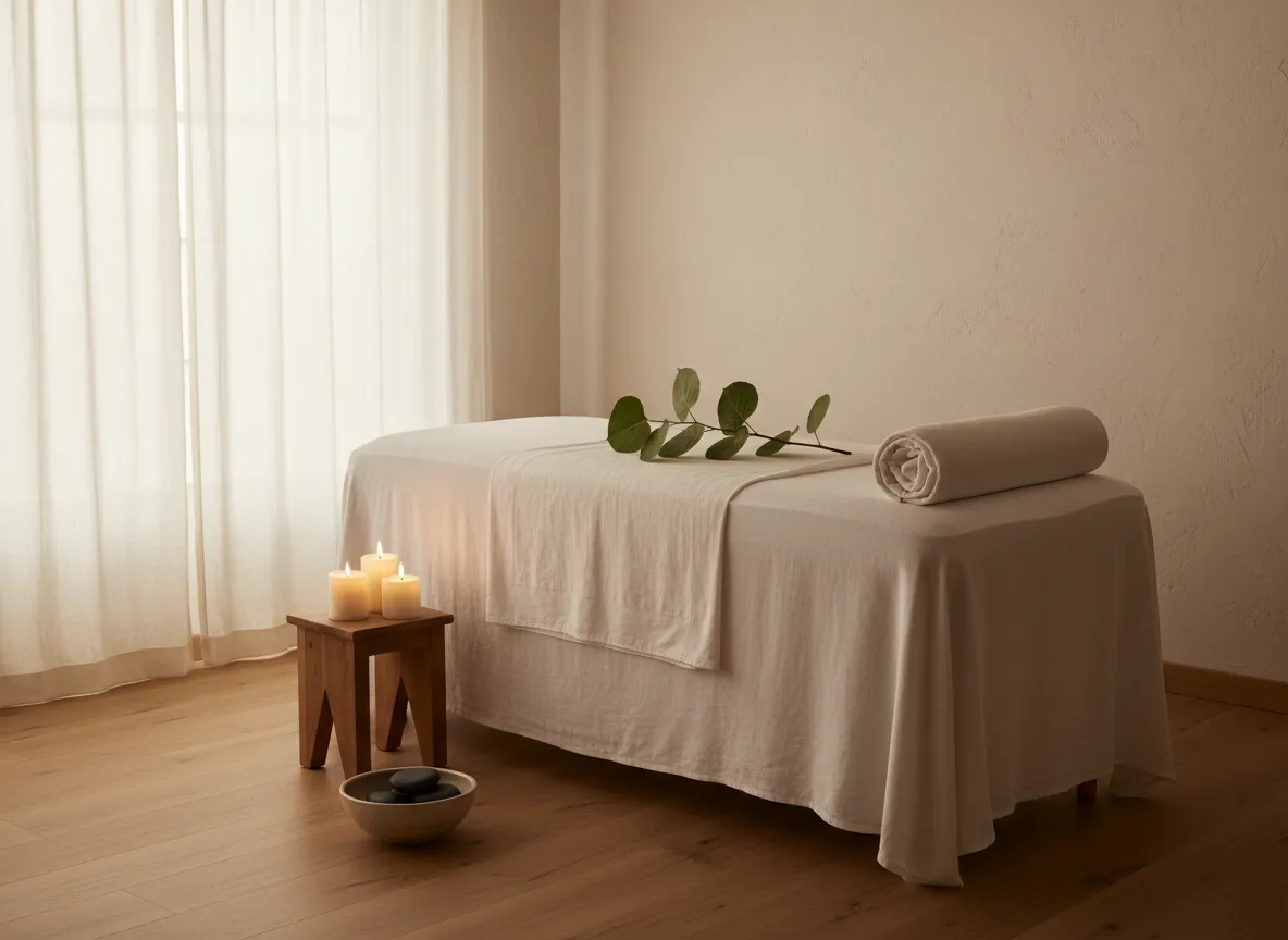 Calming Sacred Bodhi treatment room with soft light