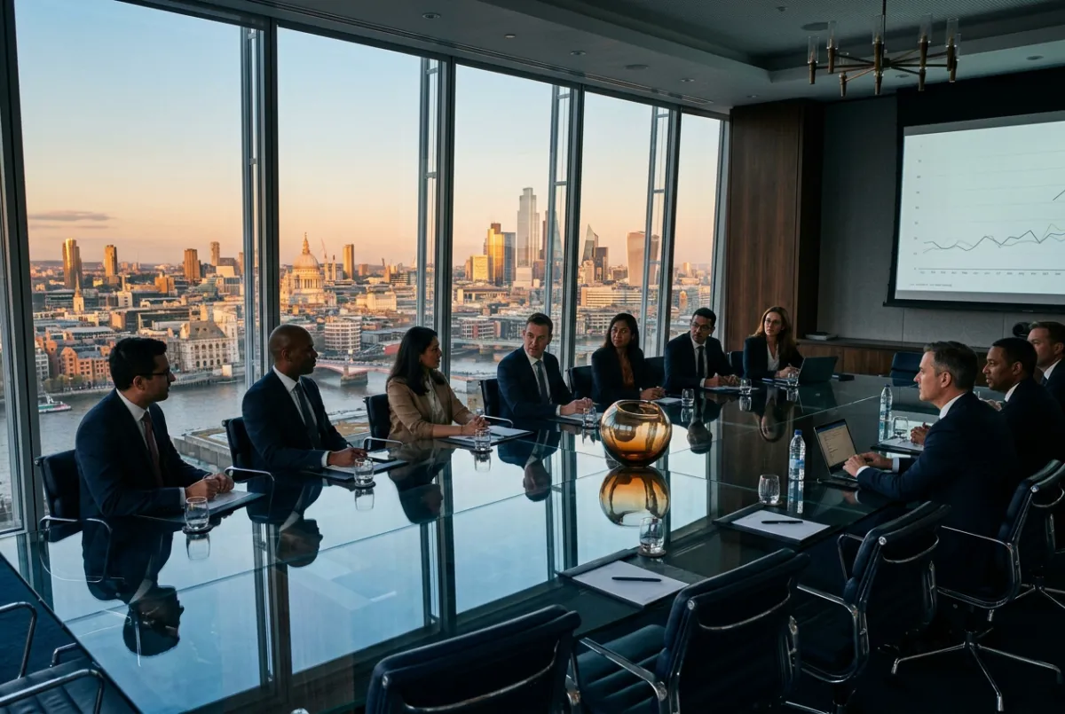 Modern corporate boardroom glass table overlooking city skyline