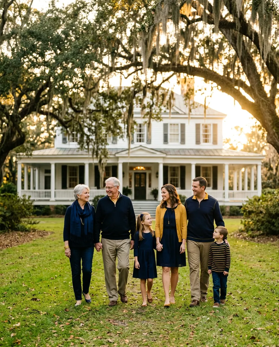 Multi-generational family gathered outside a stately Southern home