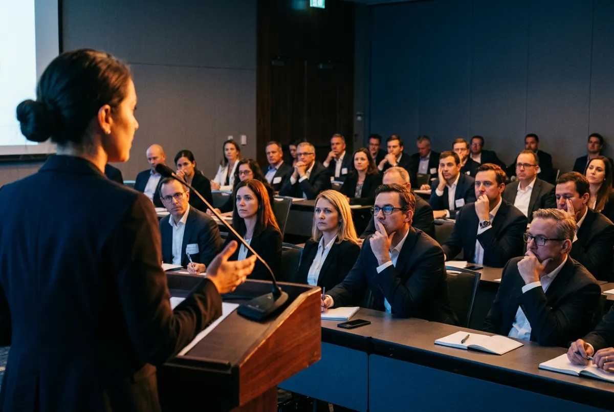 Executive audience attending private legal workshop presentation