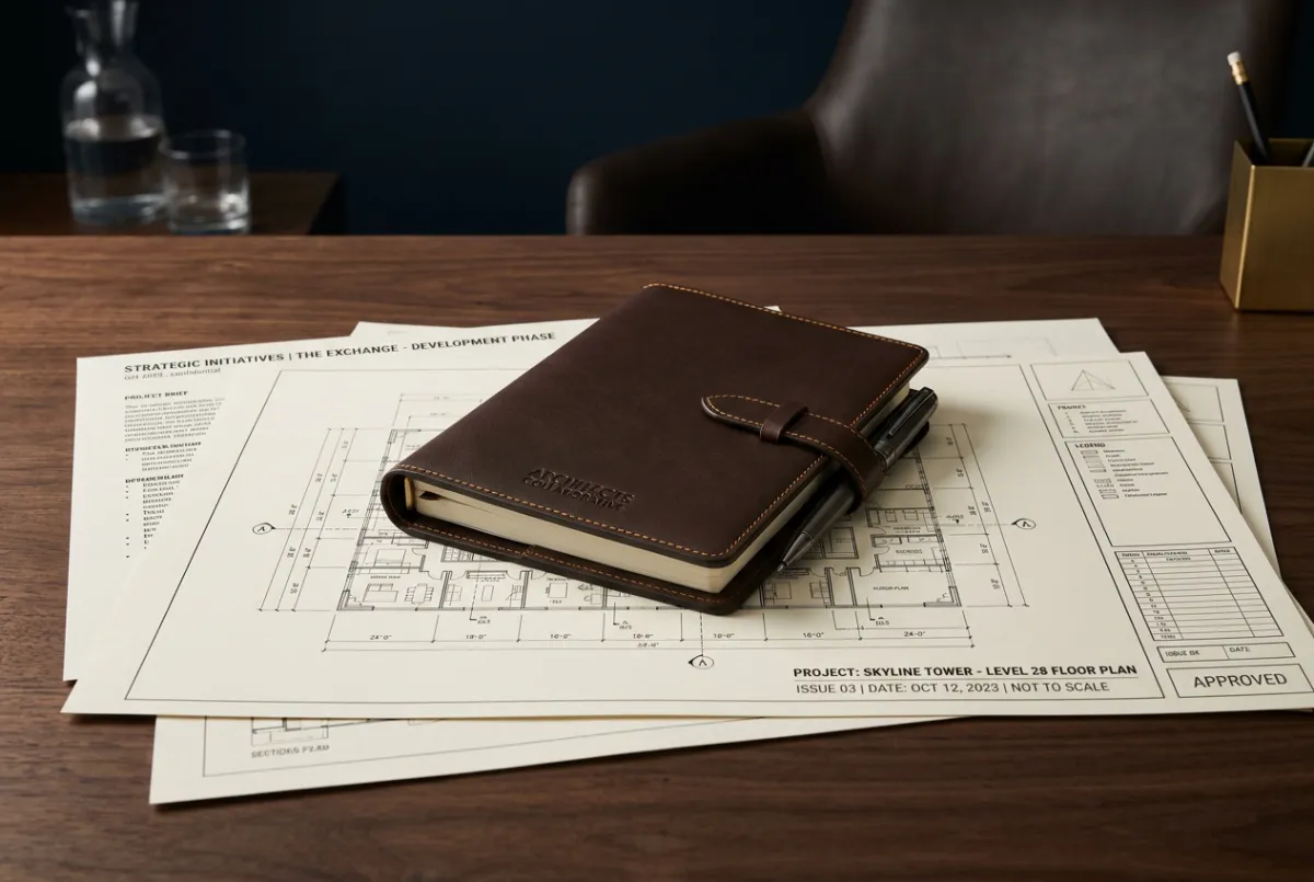 Strategic architectural documents and leather planner on executive desk