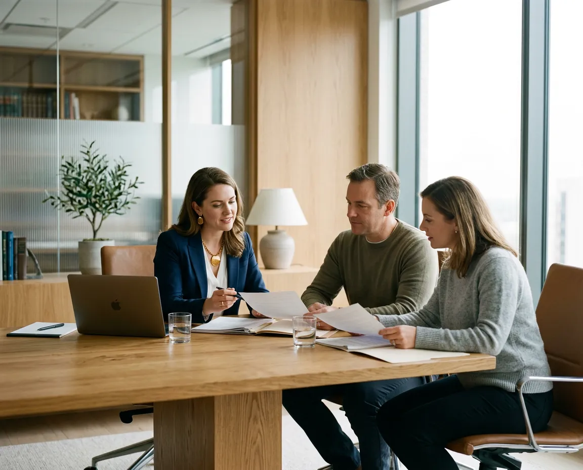 Professional attorney and client discussing asset protection and trust governance strategy in an editorial modern office