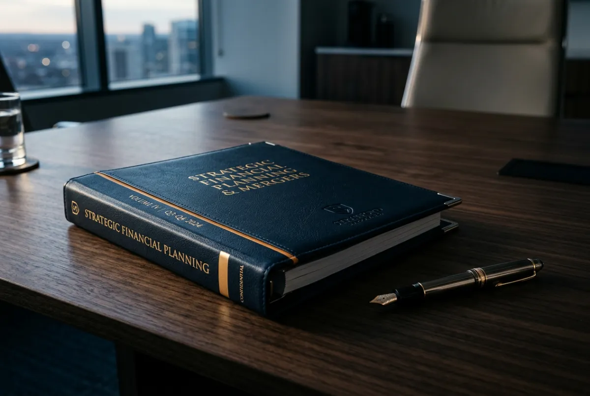 Financial strategy bindered dossier beside fountain pen on conference table