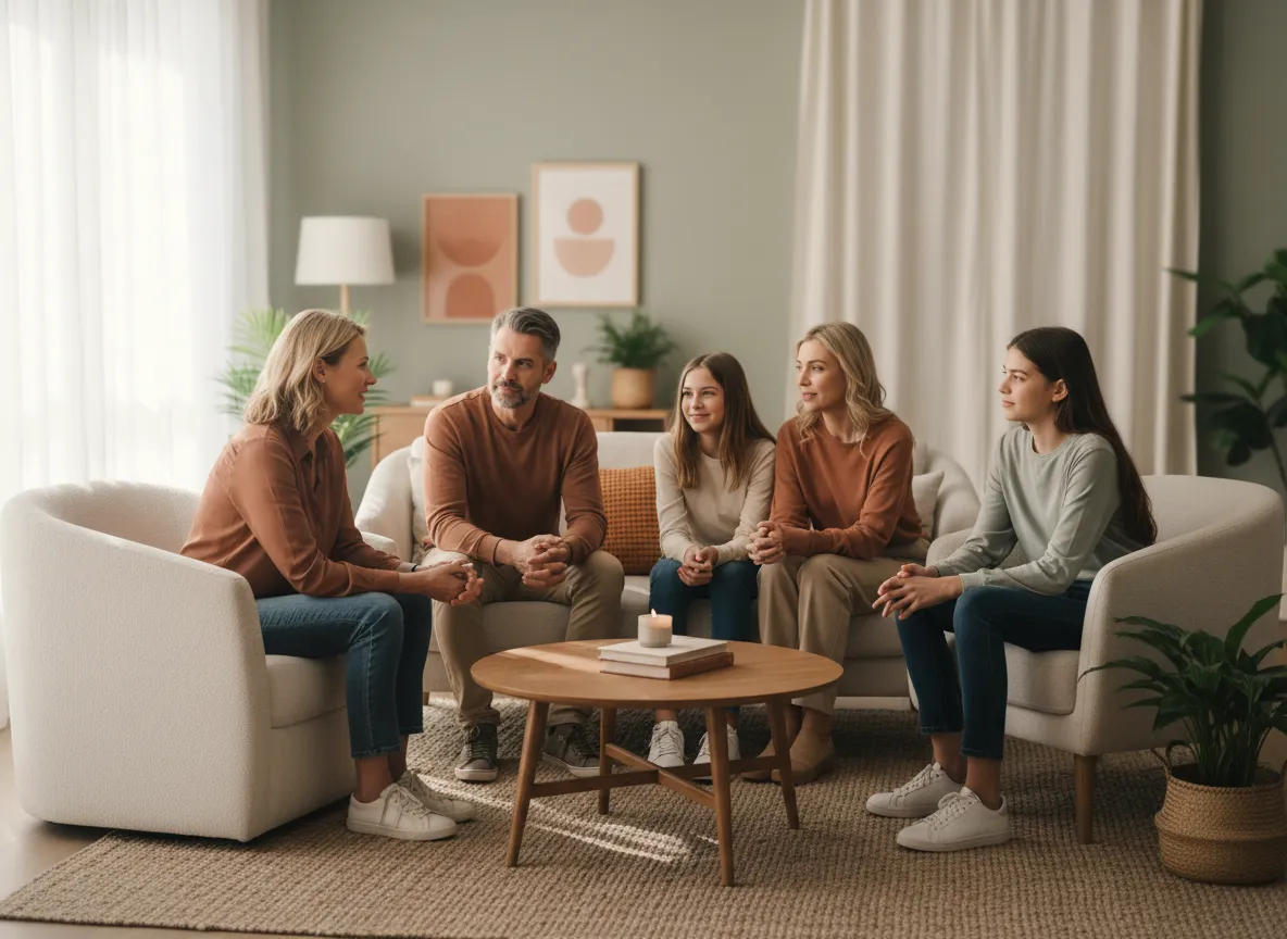 Counsellor speaking with a family in a calm, comfortable room