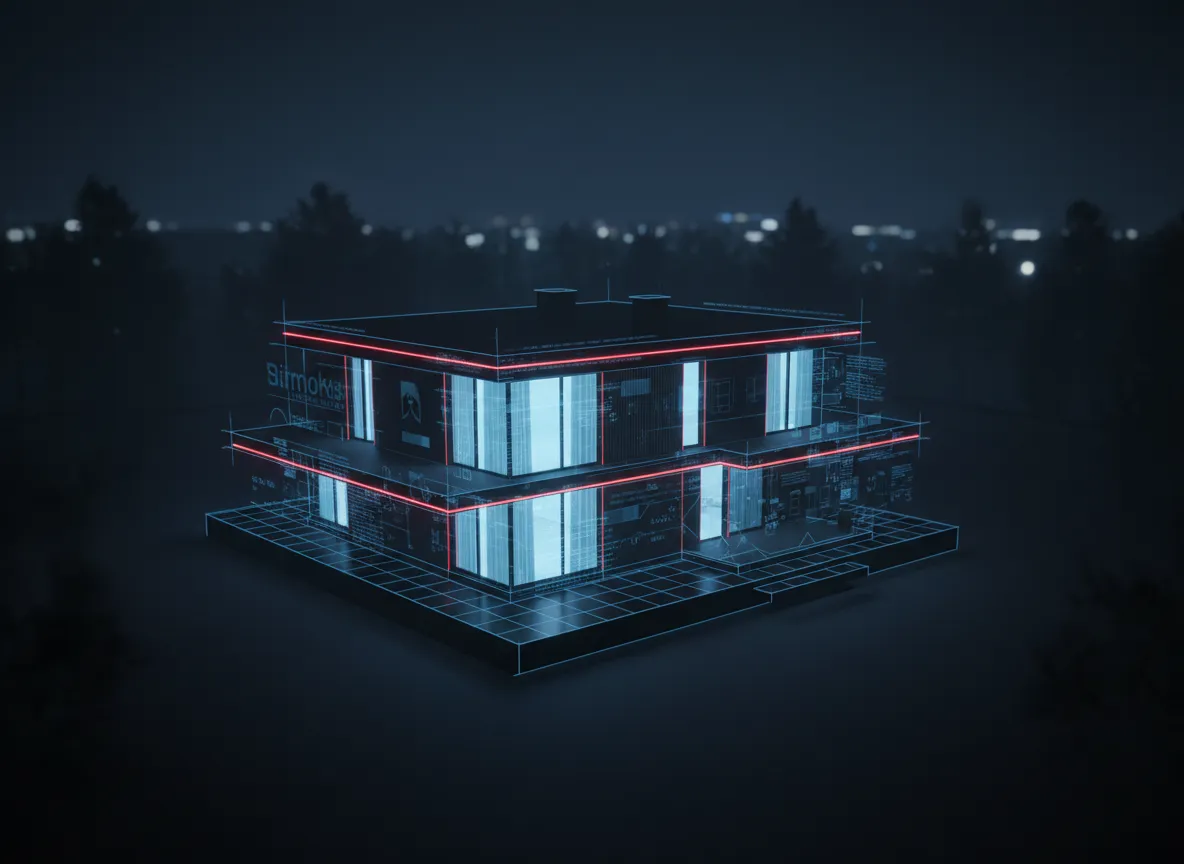 Cinematic 3D home render with blueprint overlays and red glow