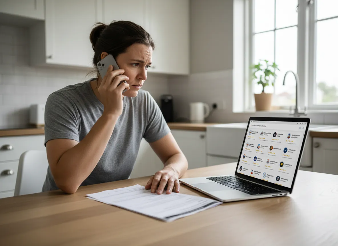 Homeowner calling a local service business while looking at a work estimate