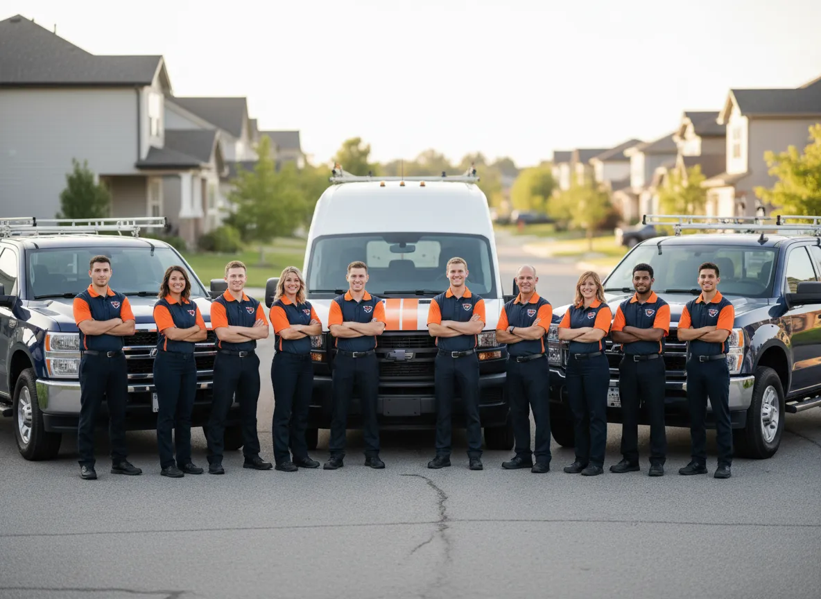 Crew of service workers standing in front of their trucks looking professional