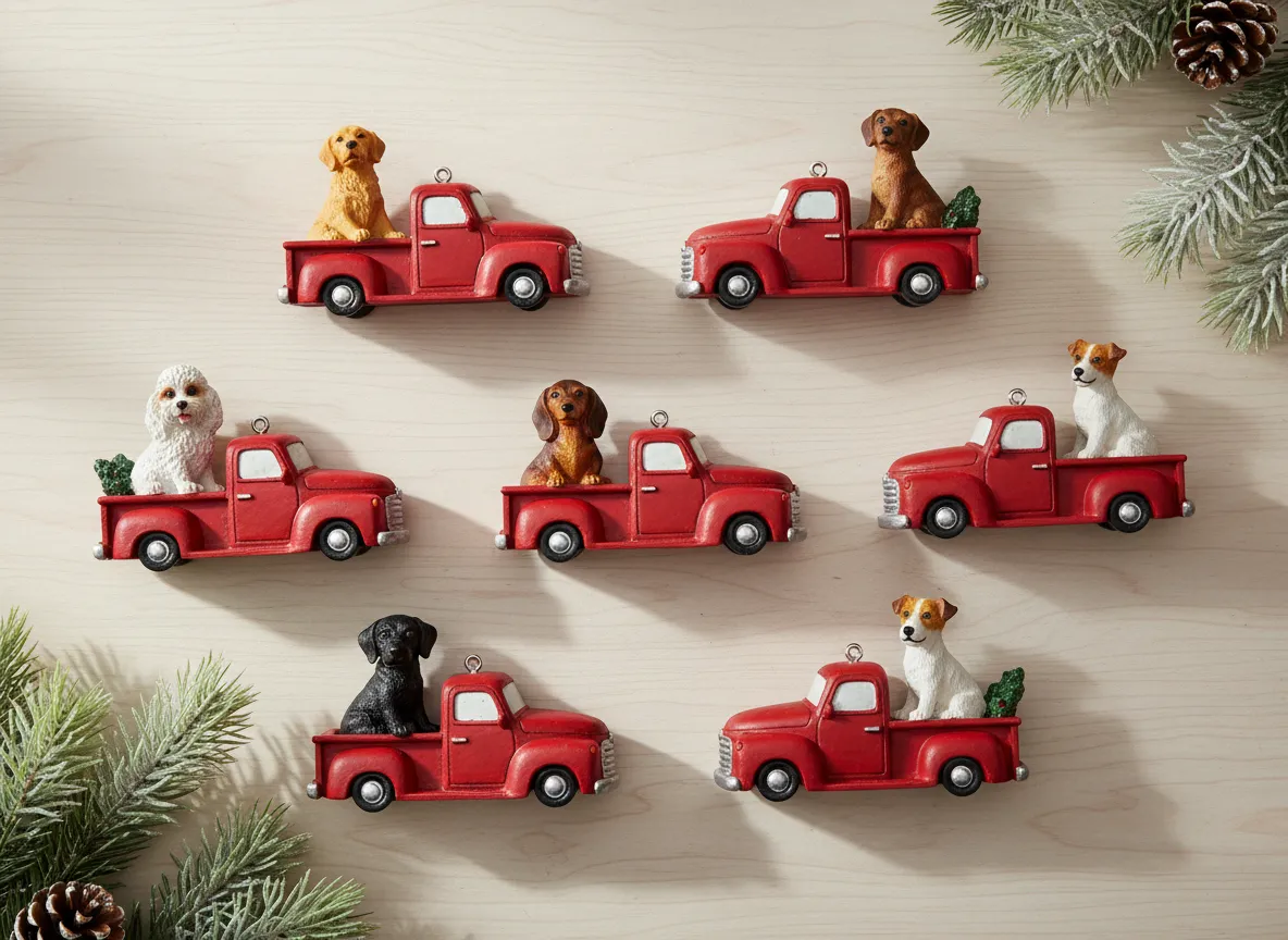 Multiple red truck pet ornaments displayed on a table