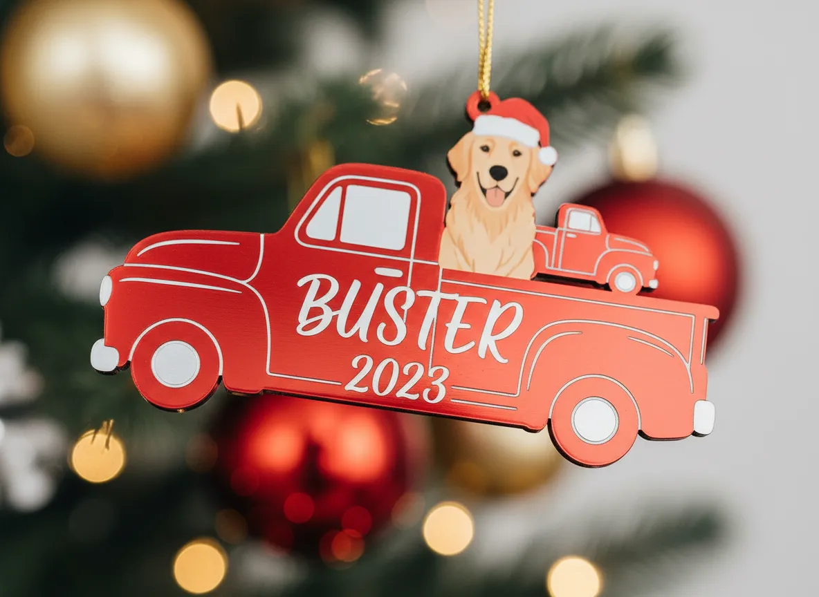 Close-up of personalized dog name on holiday ornament