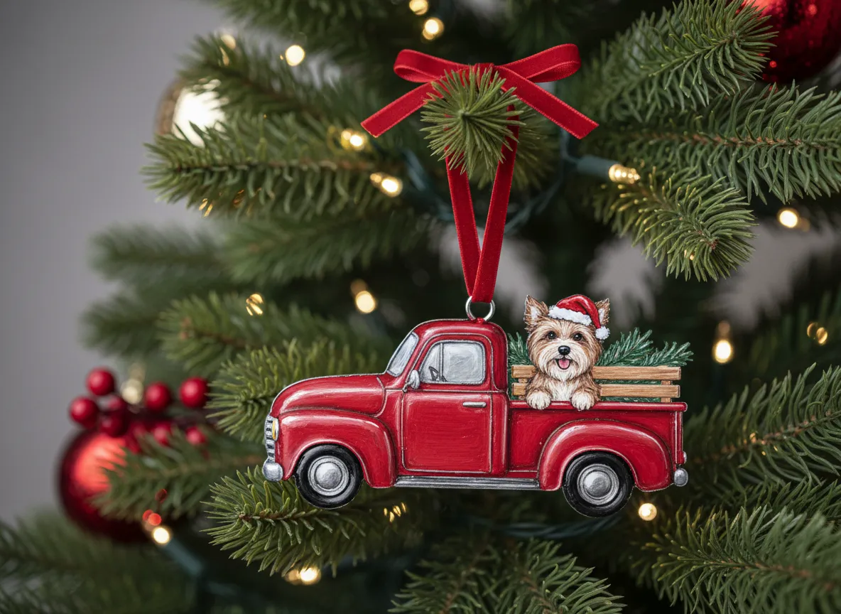 Red truck dog ornament hanging on a Christmas tree branch