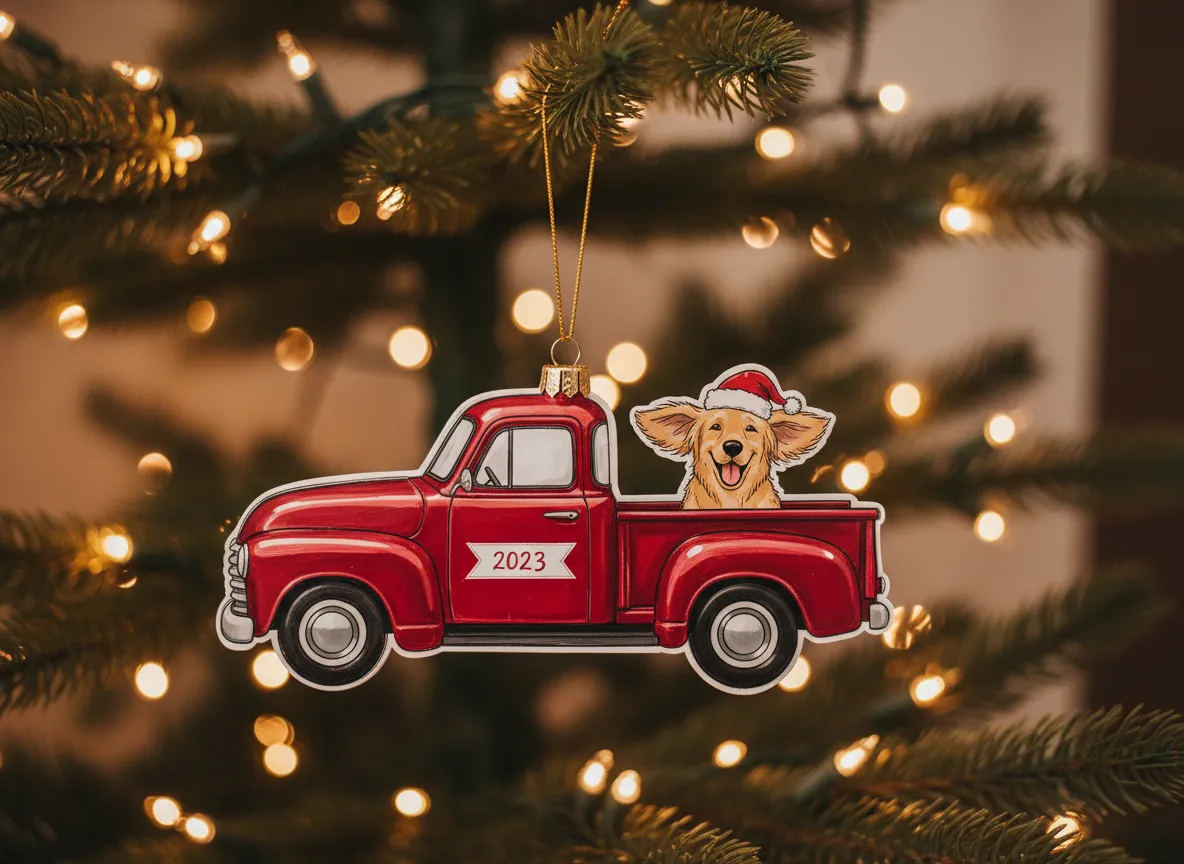 Holiday red truck ornament with dog breed in the back on a Christmas tree