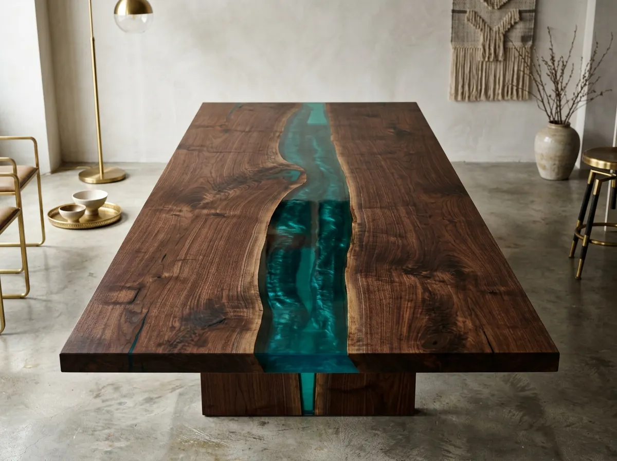 Bespoke dining table featuring dark walnut grain and translucent teal epoxy river detail