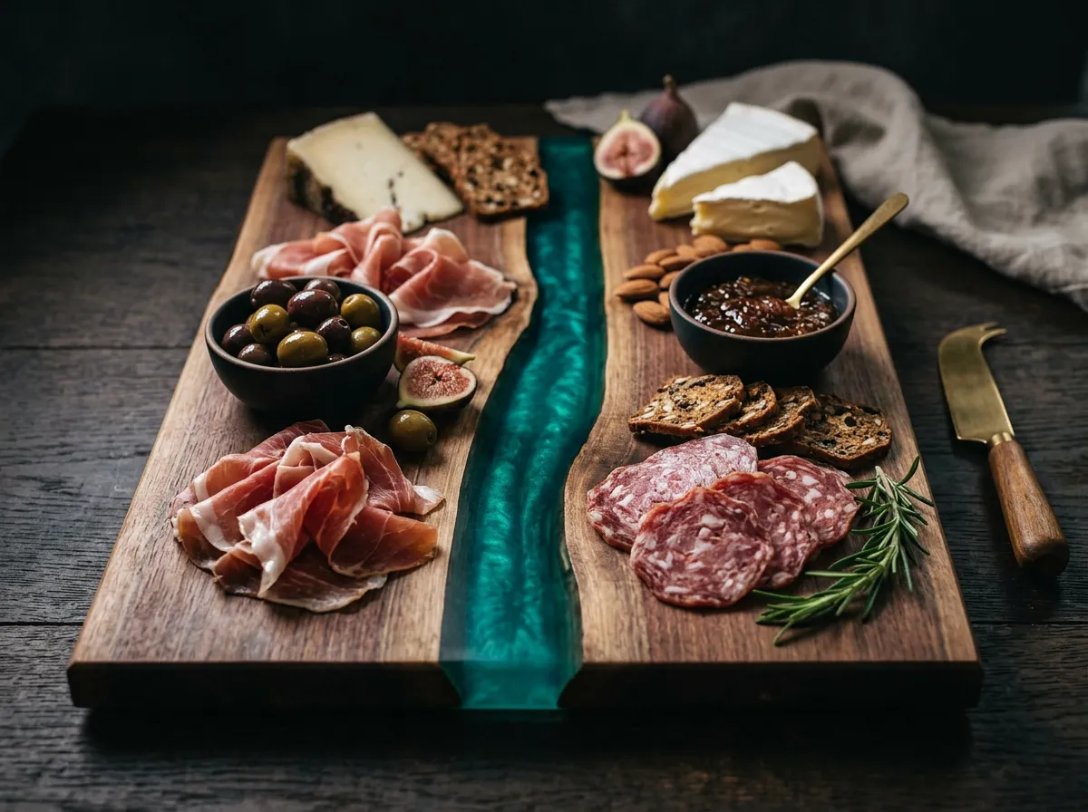 Artisanal charcuterie board with natural live-edge wood grain and metallic turquoise resin inlay